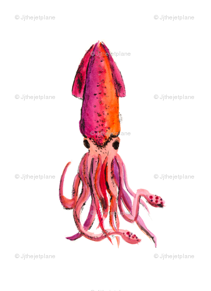 425x585 Single Watercolour Squid Fabric - Watercolor Squid