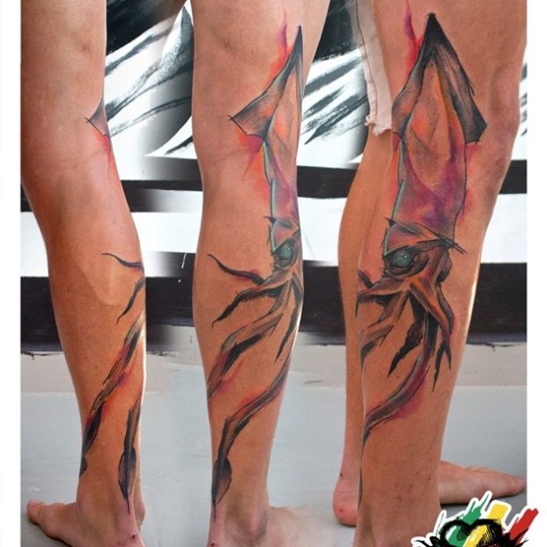 612x612 Watercolor Squid Tattoo On Leg Best Tattoo Ideas Gallery - Watercolor Squid