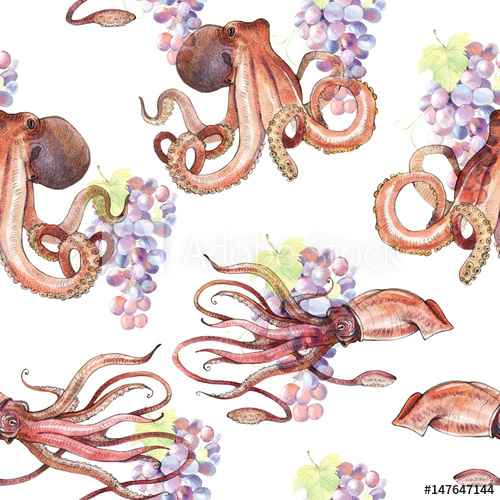 500x500 Watercolor Squid, Octopus - Watercolor Squid