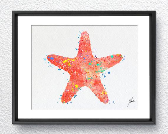 570x456 Red Starfish, Watercolor Print, Wall Decor, Room Decor, Nautical - Watercolor Starfish