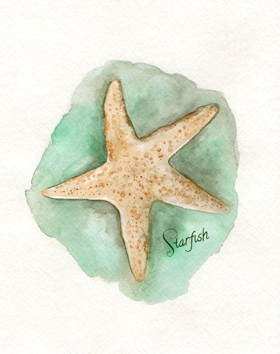 570x720 Starfish, Watercolor Print, Light Green, Archival Print, Wall Art - Watercolor Starfish