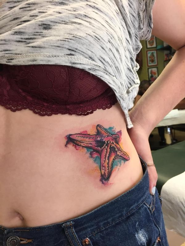 600x800 Great Watercolor Starfish Tattoo On Side - Watercolor Starfish Tattoo