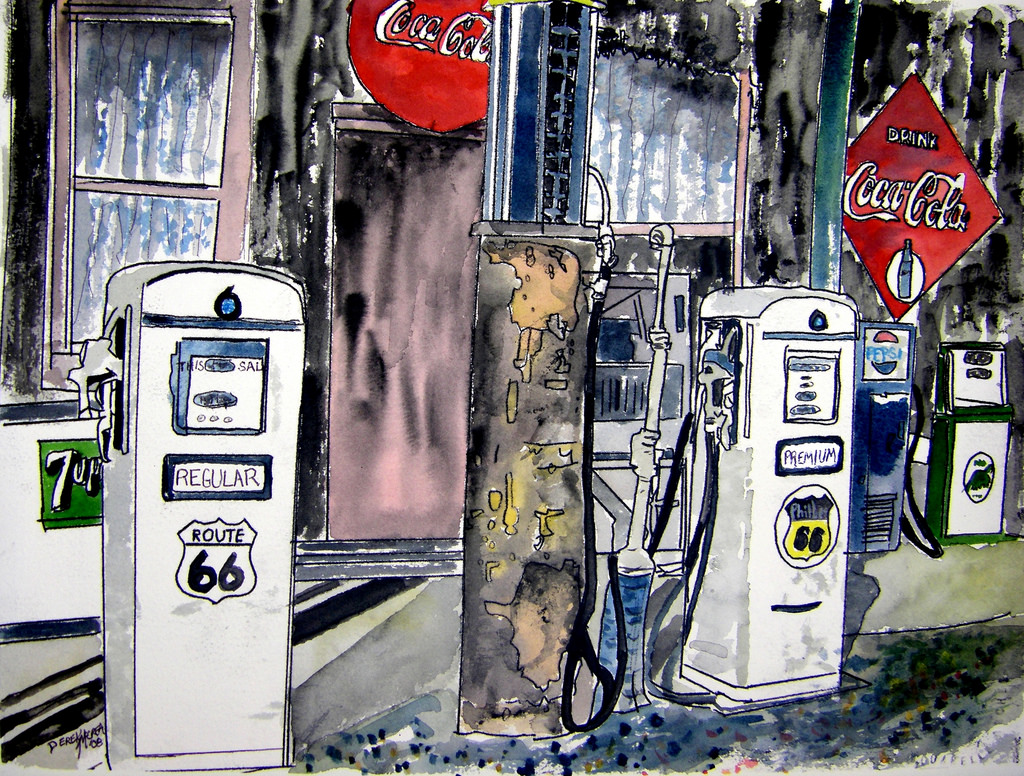 1024x776 Route 66 Gas Station Americana Watercolor Painting - Watercolor Station