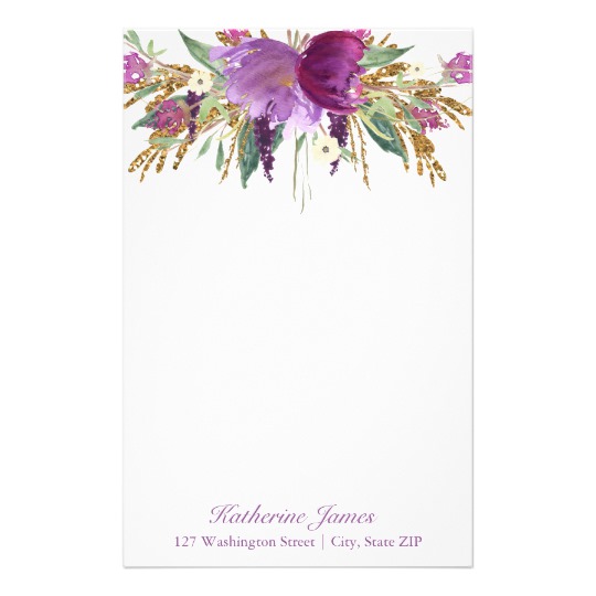 540x540 Purple And Gold Watercolor Flowers Personalized Stationery - Watercolor Stationery
