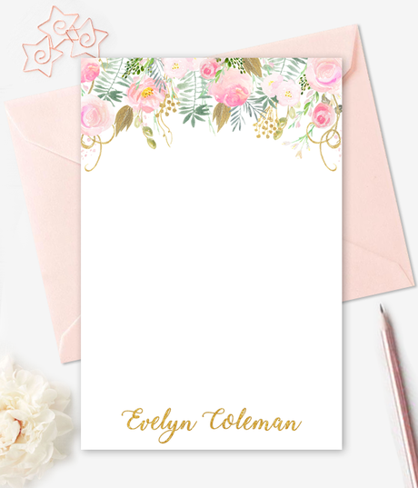 460x537 Watercolor Gold Floral Note Cards Personalized Stationery - Watercolor Stationery