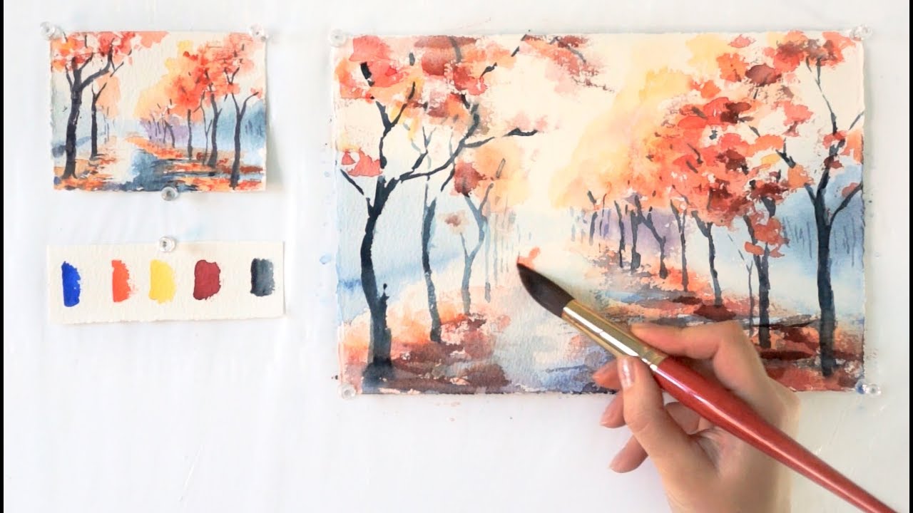 1280x720 Autumn Alley. Step By Step Watercolor Tutorial. Part 1 - Watercolor Step By Step