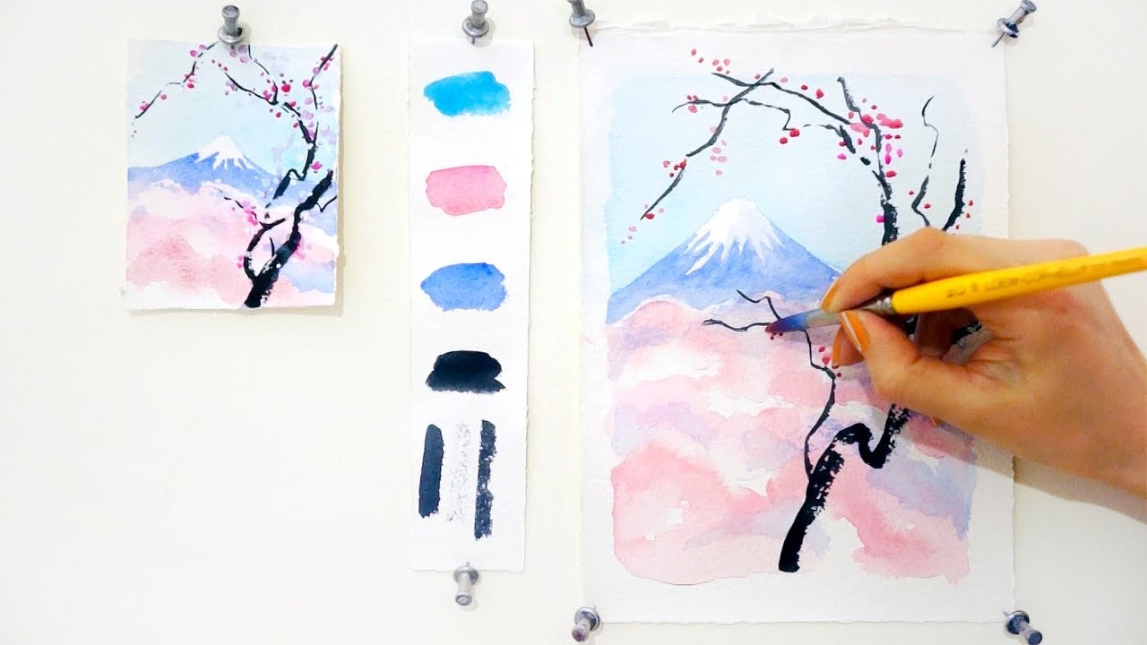 1280x720 Cherry Blossom And Mount Fuji. Step By Step Watercolor Tutorial - Watercolor Step By Step