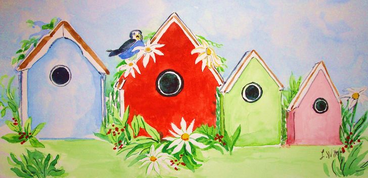 728x353 How To Paint A Row Of Bird Houses In Watercolor 11 Steps - Watercolor Steps