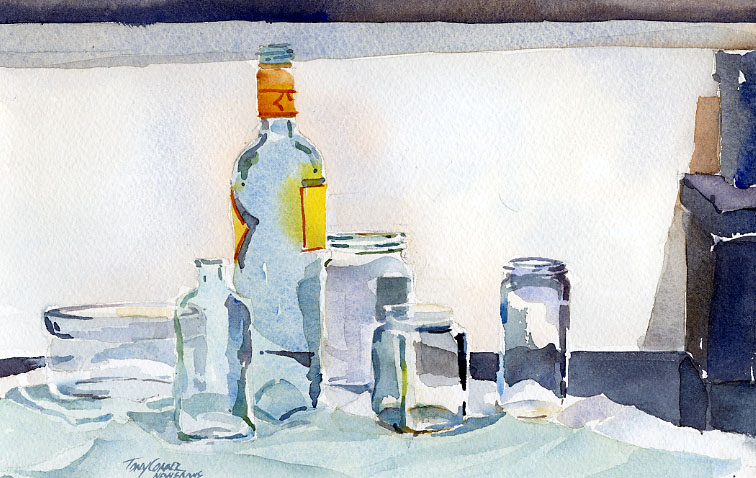 756x478 Blue, Green Amp Clear Glass On Watercolor Still Life - Watercolor Still Life Paintings