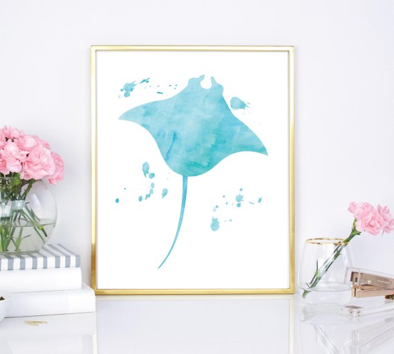 570x512 Stingray Print Watercolor Stingray Blue Stingray Ocean Etsy - Watercolor Stingray