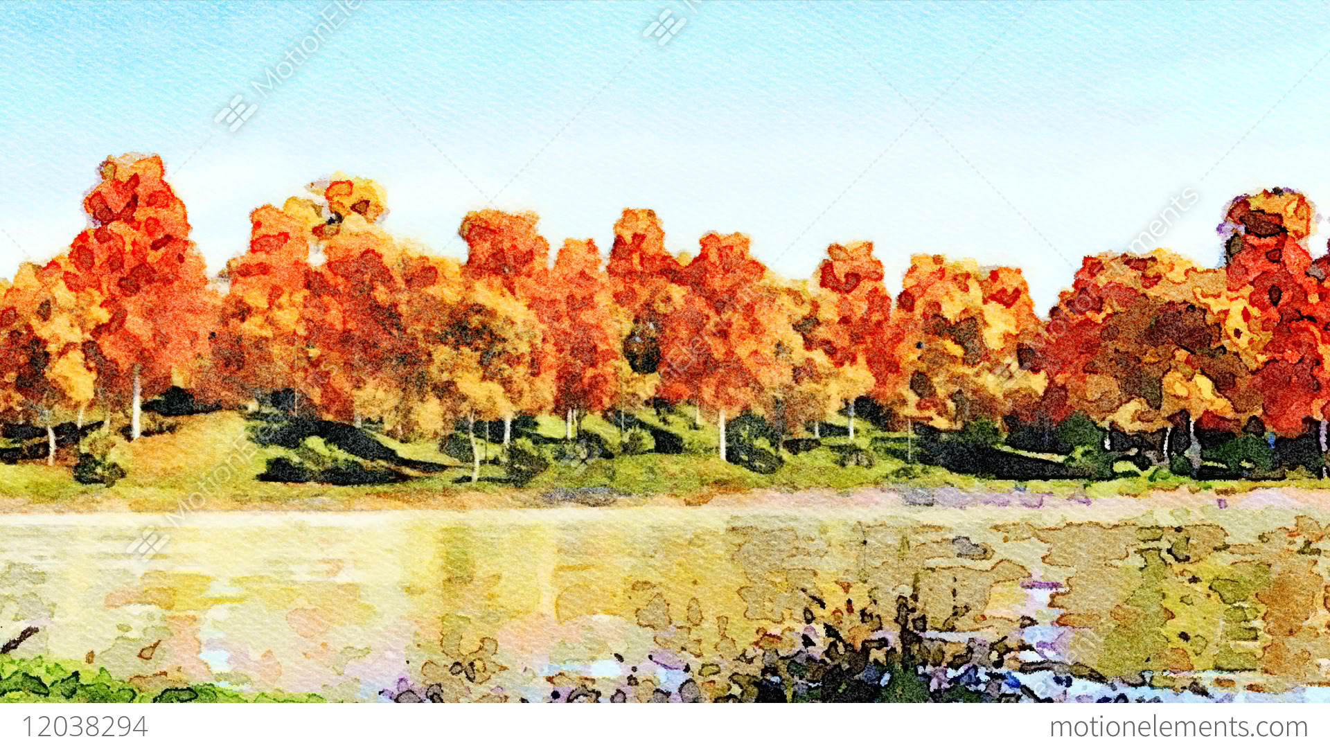 1920x1080 Watercolor Autumn Landscape On A Forest Lake Shore Stock Animation - Watercolor Stock