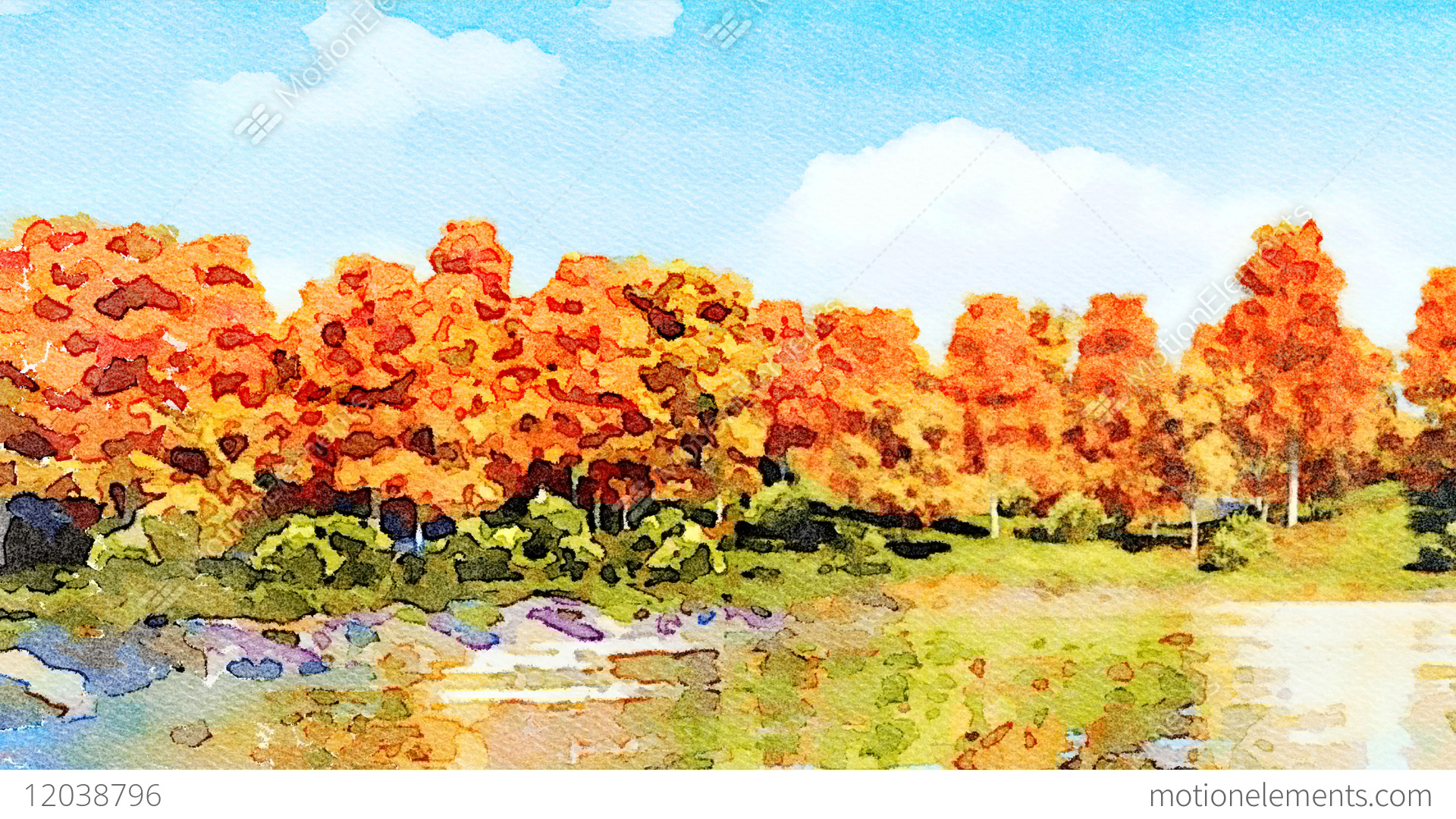 1920x1080 Autumn Trees On A Lake Shore Watercolor Landscape Stock Animation - Watercolor Stock Images