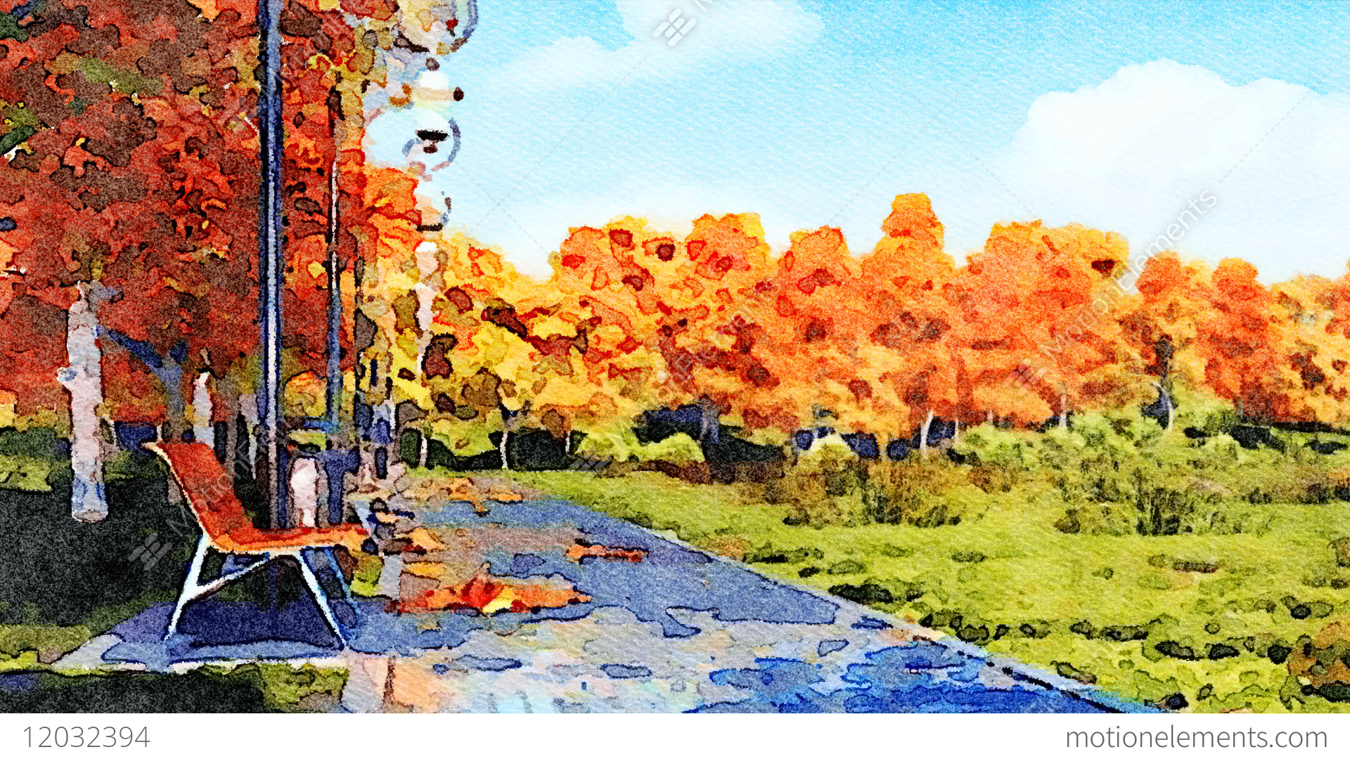 1920x1080 Autumn Watercolor Landscape With Empty Park Alley Stock Animation - Watercolor Stock Images