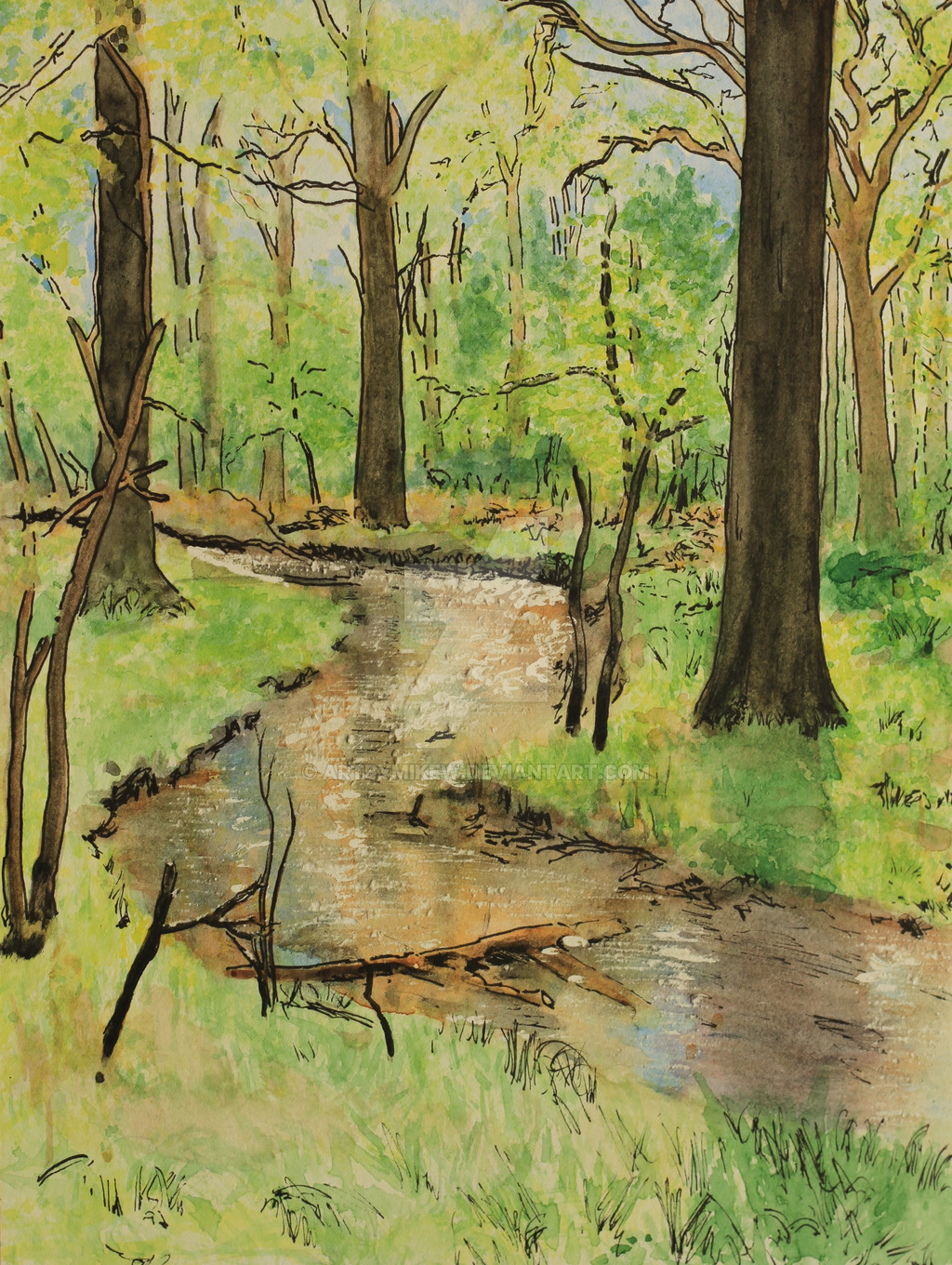 1024x1360 New Forest Stream Watercolour By Artbymikew - Watercolor Stream