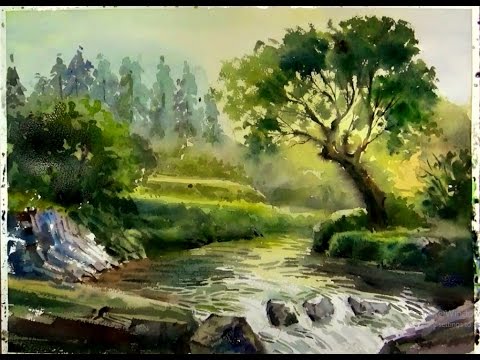 480x360 Watercolor Painting Sunshine On The Forest Stream - Watercolor Stream