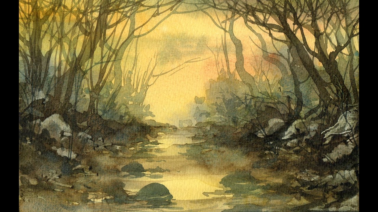 1280x720 Watercolour Demonstration. Autumnal Woodland Stream Speed Painting - Watercolor Stream