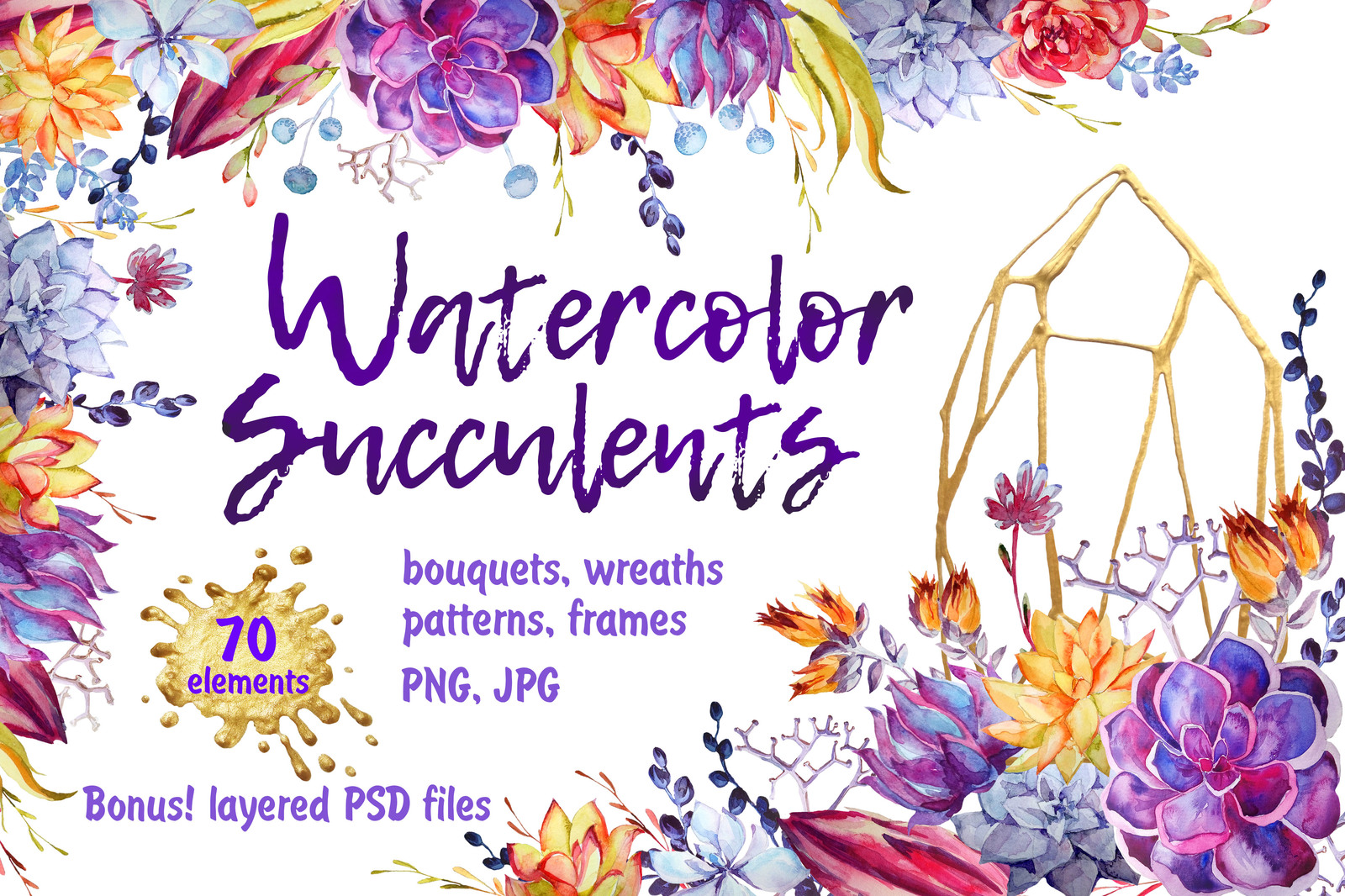 1600x1066 Watercolor Succulents Clipart + Psd In Illustrations On Yellow - Watercolor Succulent Clipart