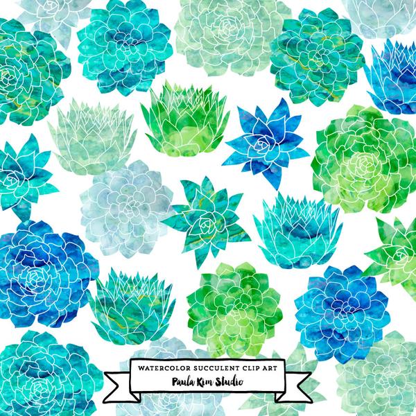 600x600 Blue And Green Watercolor Succulent Paula Kim Studio - Watercolor Succulent Clipart