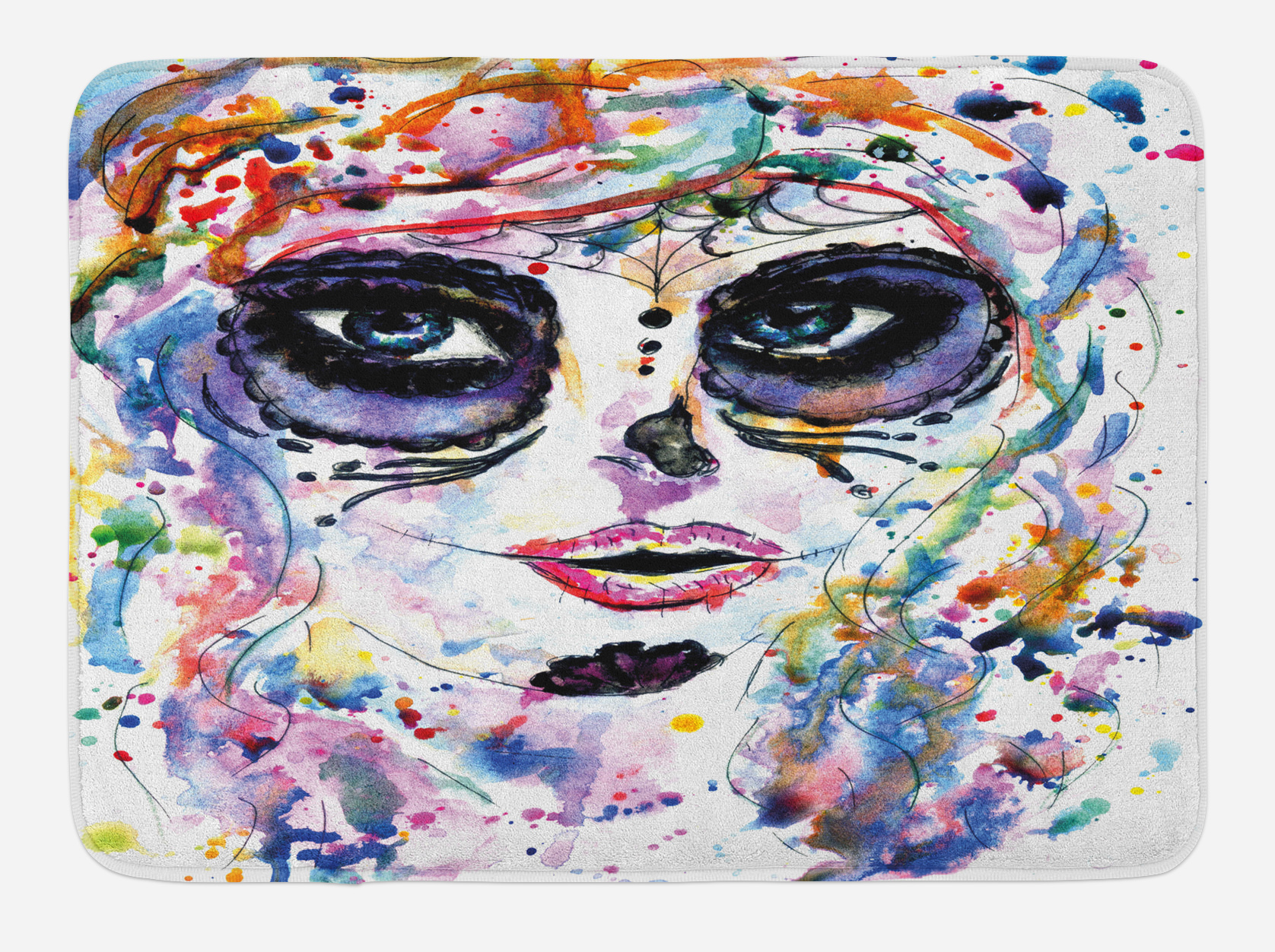 1676x1252 Sugar Skull Bath Mat, Halloween Girl With Sugar Skull Makeup - Watercolor Sugar Skull