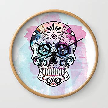 355x355 Society6 Watercolor Sugar Skull Wall Clock Natural - Watercolor Sugar Skull