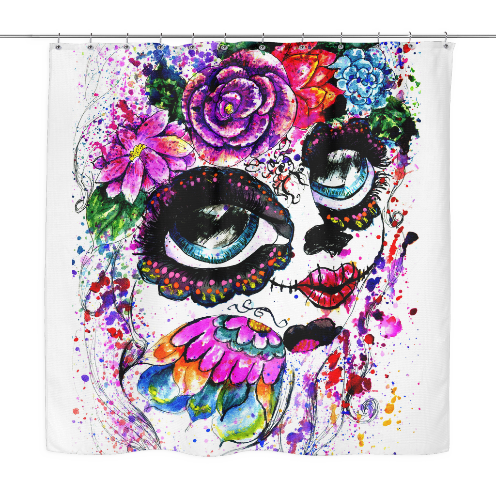 1024x1024 Sugar Skull Watercolor Girl Shower Curtain - Watercolor Sugar Skull