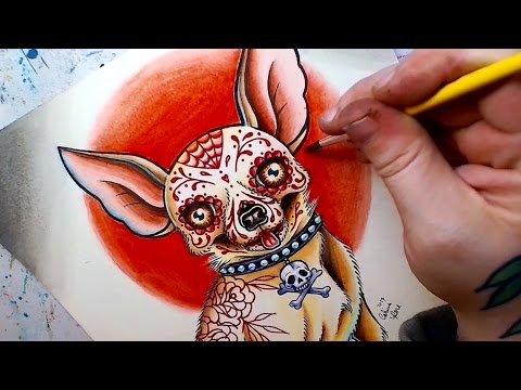 480x360 Watch Me Paint Sugar Skull Chihuahua Tattoo Watercolor Painting - Watercolor Sugar Skull