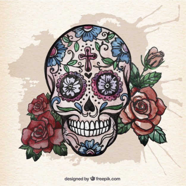 626x626 Watercolor Sugar Skull With Roses Vector Free Download - Watercolor Sugar Skull