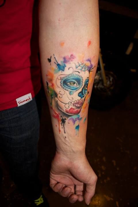 480x720 I Think I Need This!!! Watercolor Sugar Skull Tattoo By Britta - Watercolor Sugar Skull Tattoo