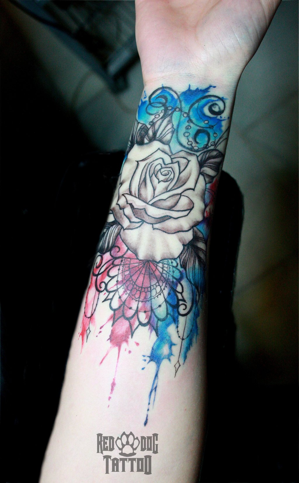 1024x1655 Watercolor Rose With Mandala Tattoo By Reddogtattoo - Watercolor Sugar Skull Tattoo
