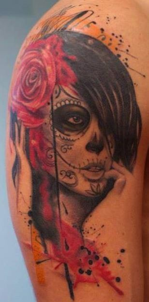 308x621 Watercolour Sugar Skull Tattoos - Watercolor Sugar Skull Tattoo