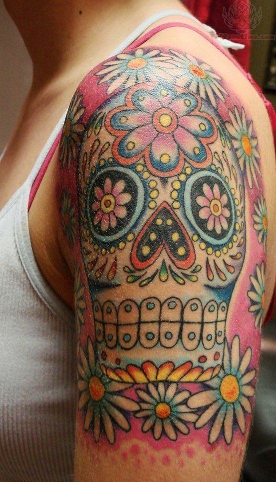 553x964 Watercolor Sugar Skull Half Sleeve Tattoo - Watercolor Sugar Skull Tattoo