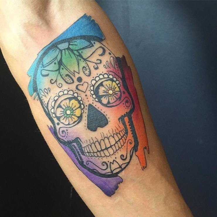 740x740 30 Amazing And Inspiring Sugar Skull Tattoos Tattoos - Watercolor Sugar Skull Tattoo