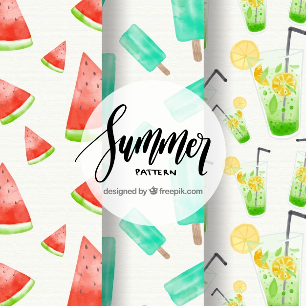 626x626 Selection Of Three Watercolor Summer Patterns Vector Free Download - Watercolor Summer