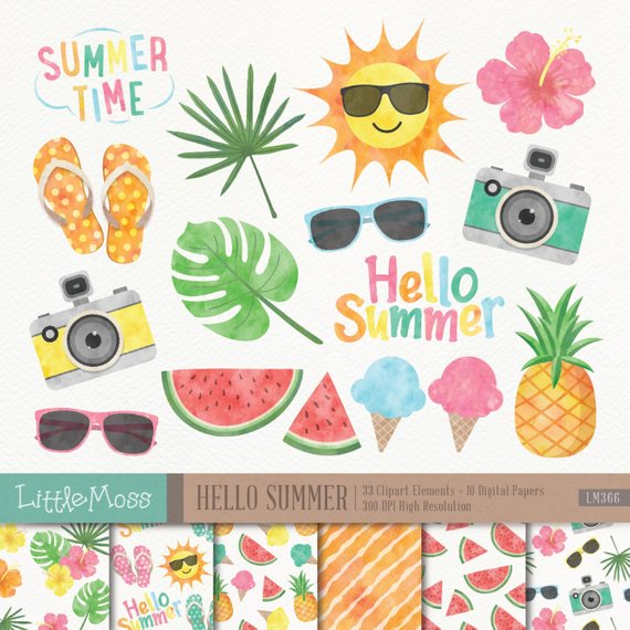 570x570 Summer Digital Clipart And Papers Watercolor Summer Clipart Etsy - Watercolor Summer