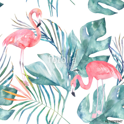 500x500 Tropical Seamless Pattern With Flamingo And Leaves. Watercolor - Watercolor Summer