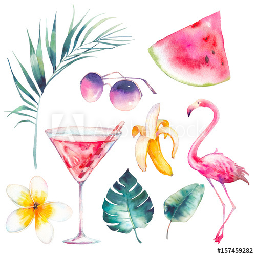 500x500 Watercolor Summer Set. Hand Drawn Vacation Icons Flamingo - Watercolor Summer