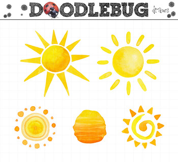 350x319 Sun Clipart Watercolor Sunshine Graphics By Doodlebugdraws Tpt - Watercolor Sun