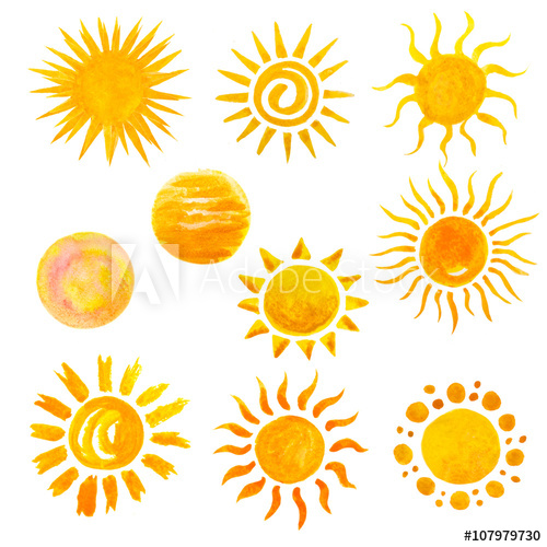 500x500 Set Of Watercolor Sun Icons Isolated On White. Hand Painting - Watercolor Sun