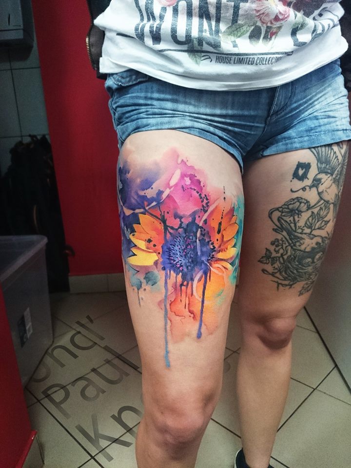 720x960 Cool Watercolor Sun Flower Tattoo On Right Thigh By Uncl Paul Knows - Watercolor Sun Tattoo