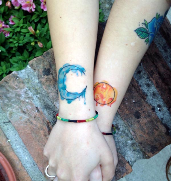 600x634 Tattoos Design Ideas 32 Best Friend Tattoos - Watercolor Sun Tattoo