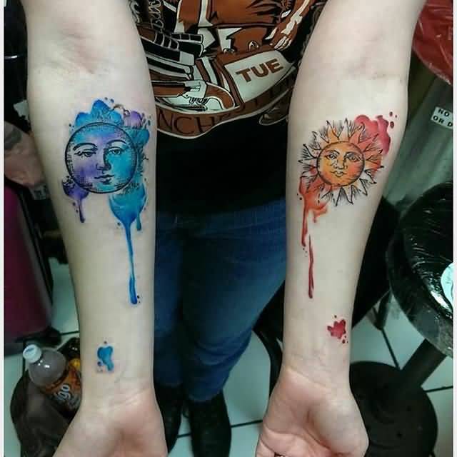 640x640 Watercolor Sun And Moon Tattoo On Girl Sleeve - Watercolor Sun Tattoo