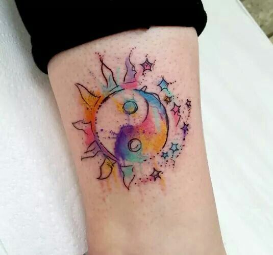 535x501 35 Eternal Yin Yang Tattoos - Watercolor Sun Tattoo