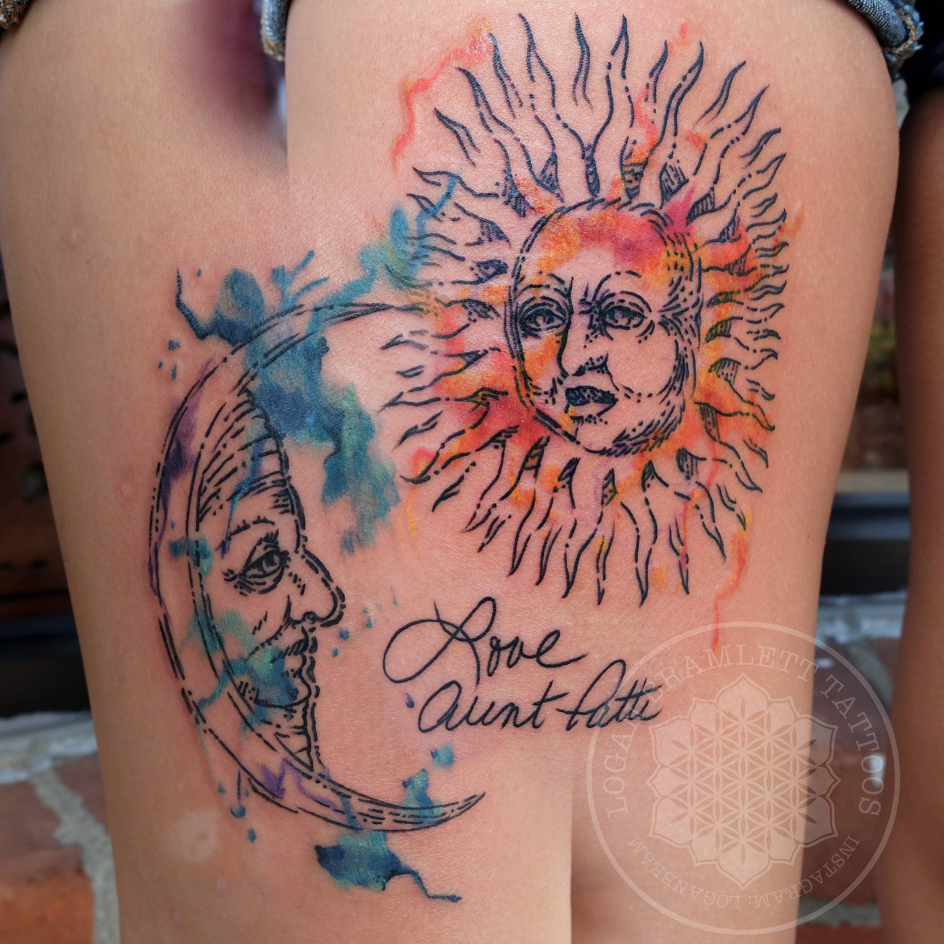 3114x3114 Woodblock And Watercolor Sun And Moon By Me Logan Bramlett - Watercolor Sun Tattoo