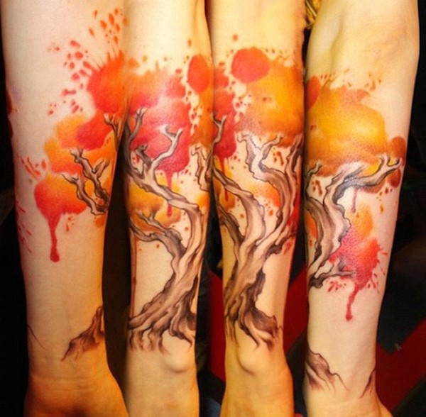 600x588 Red Tree Watercolor Tattoo On Forearm - Watercolor Sun Tattoo
