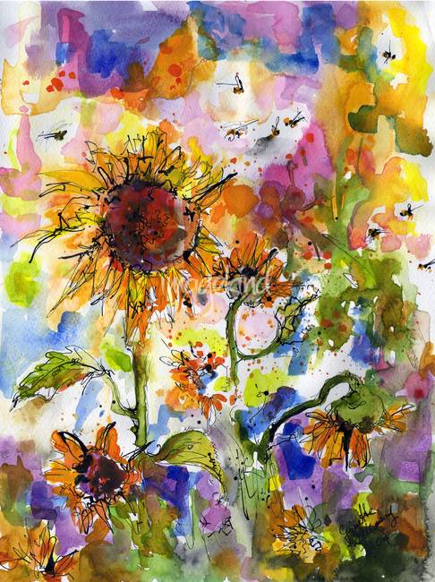 486x650 Sunflowers Amp Bees Watercolor Painting By Ginette By Ginette Callaway - Watercolor Sunflower Step By Step
