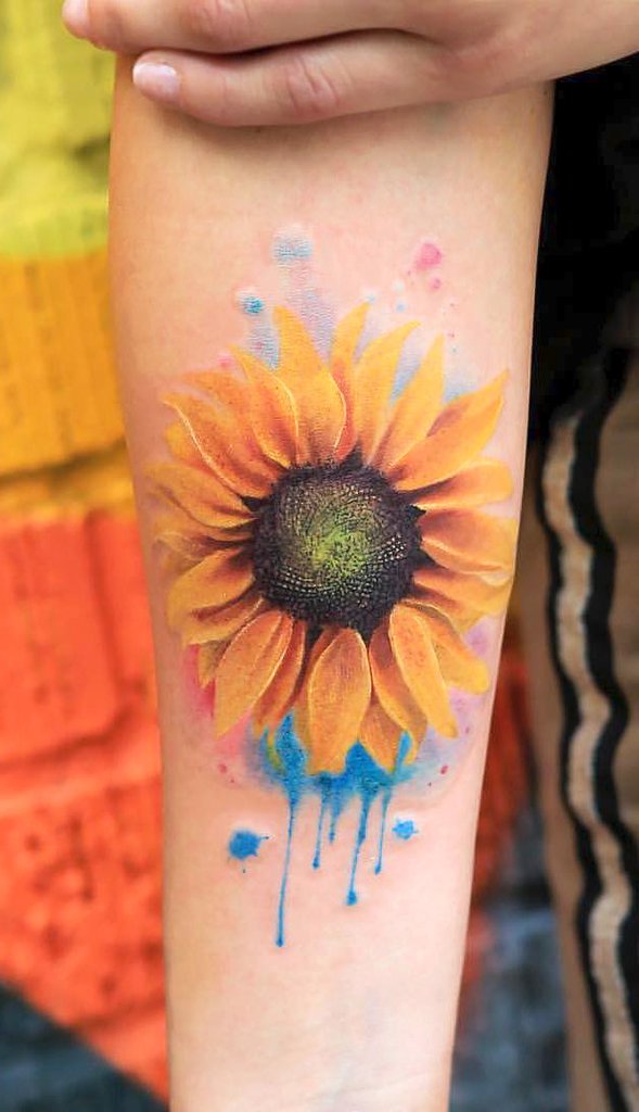 589x1024 20 Of The Most Boujee Sunflower Tattoo Ideas Mybodiart - Watercolor Sunflower Tattoo