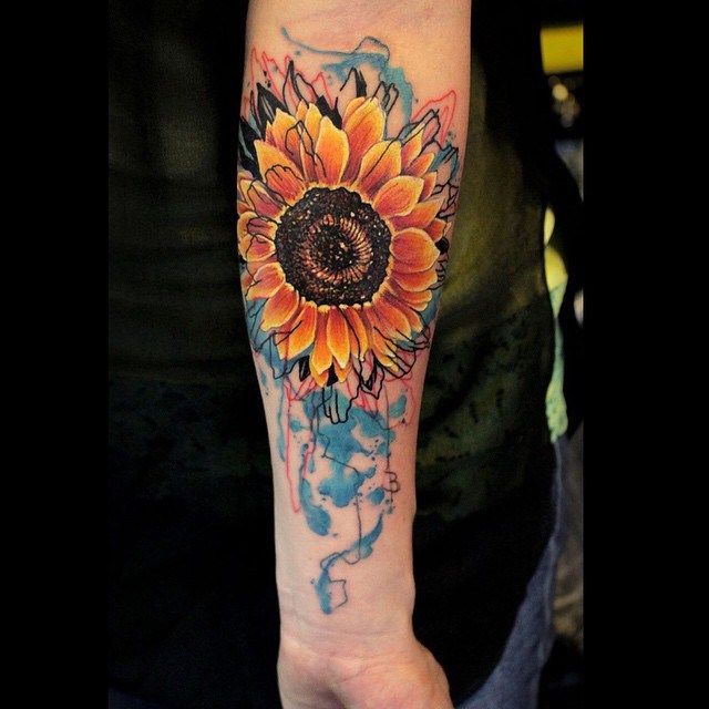 640x640 Watercolor Sunflower Tattoo On Forearm - Watercolor Sunflower Tattoo