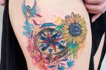 343x228 Watercolor Sunflower Thigh Tattoo - Watercolor Sunflower Tattoo