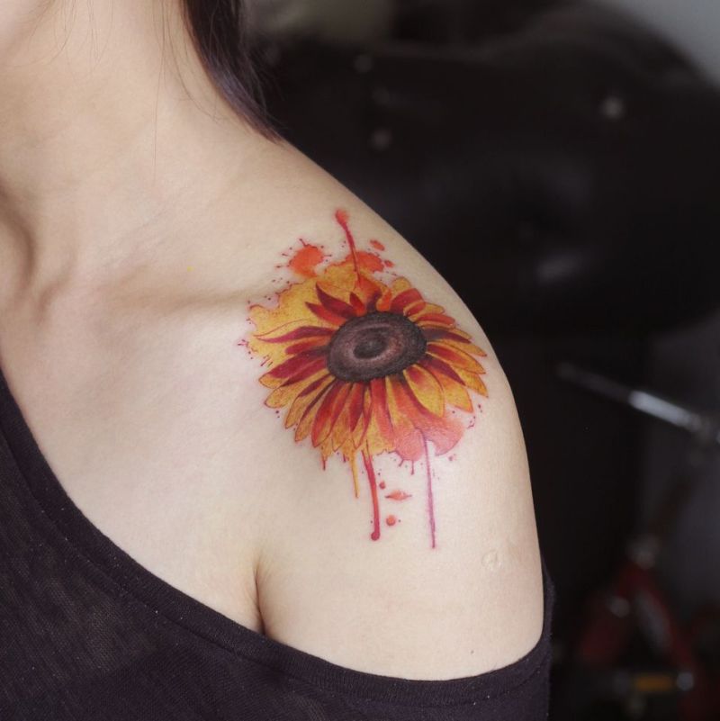 800x801 Watercolor Sunflower Tattoo (1) - Watercolor Sunflower Tattoo