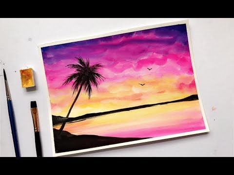 480x360 Palm Tree Colorful Sunset Watercolor Painting Tutorial - Watercolor Sunset